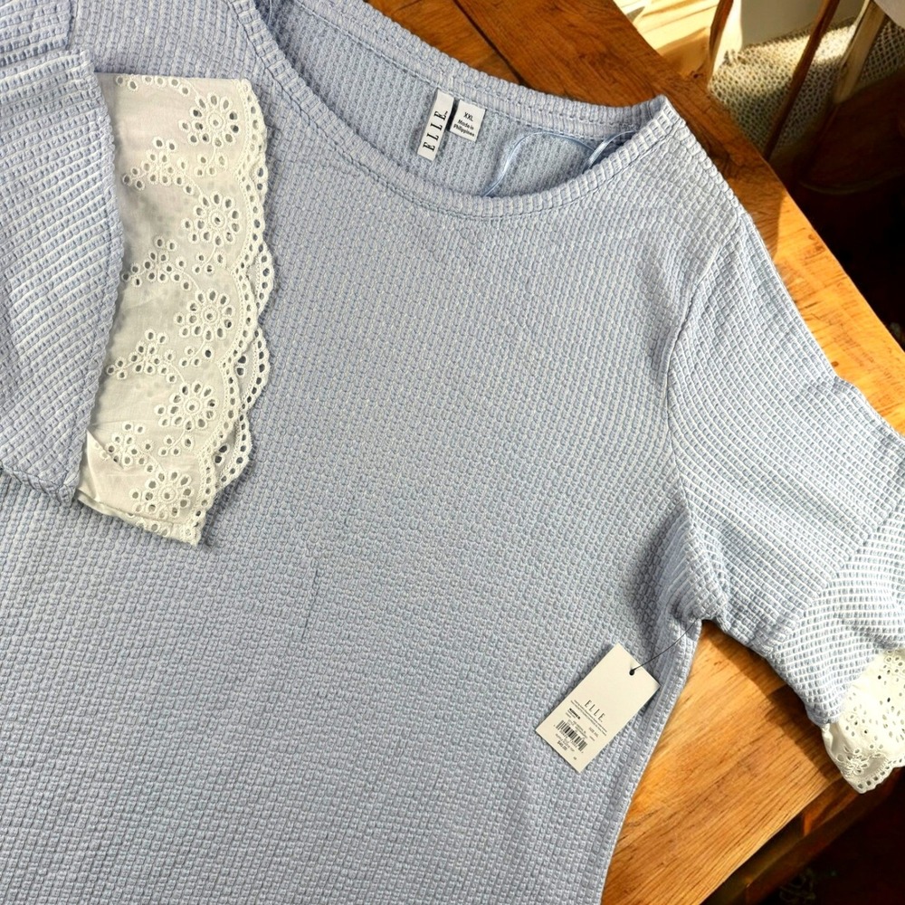 New Elle Ruffle Eyelet Sleeve Top Womens XXL Blue Waffle Knit Casual Pastel Soft
